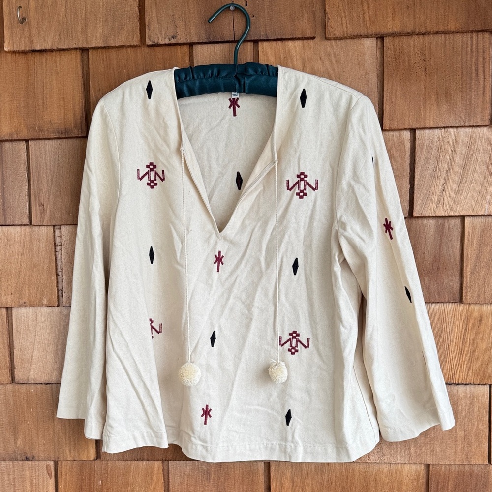 Madewell Cream Top with Burgundy Embroidery